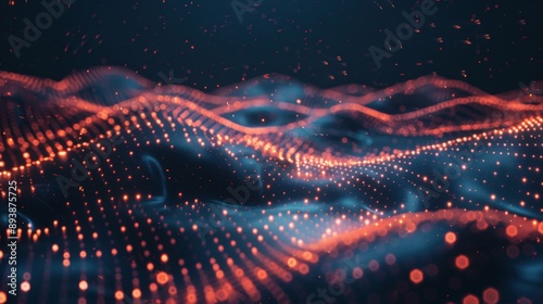 A digital landscape with a grid of glowing orange lights, pulsating against a dark blue background