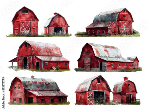Red Barns Set In Various Shapes And Sizes Watercolour Icons On White Background Rustic Farm Buildings Vintage Agricultural Illustrations Scenic Countryside Classic Barns Artistic