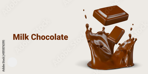 Milk chocolate concept. Pieces of chocolate bars fall into molten mass