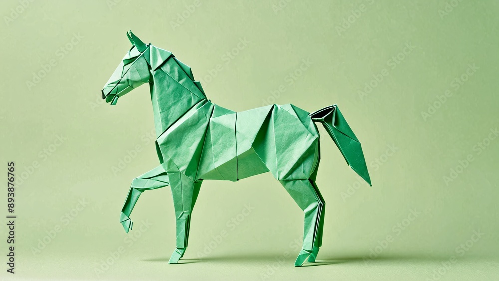 Obraz premium An origami horse in pastel brown on a solid pastel green background with space for text