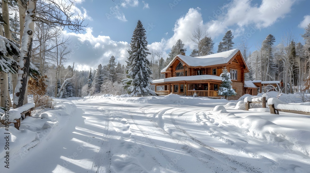 Naklejka premium A wooden house in the snowy forest