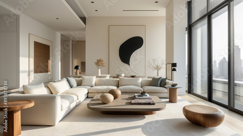 Modern luxury penthouse living room interior with panoramic city views