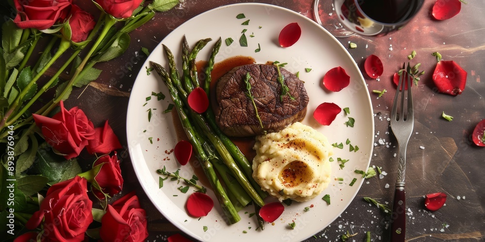 A romantic dinner setting featuring tender filet mignon, buttery mashed potatoes, and steamed asparagus, accented by vibrant rose flowers, creating an ambiance of love and luxury