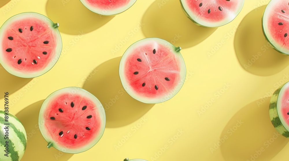 A fun pattern of cartoon-style watermelons with playful expressions, on a sunny yellow background, high-resolution photo, realistic photo, hyper realistic A fun pattern of cartoon-style watermelons with playful expressions, on a sunny yellow background, high-resolution photo, realistic photo, hyper realistic
