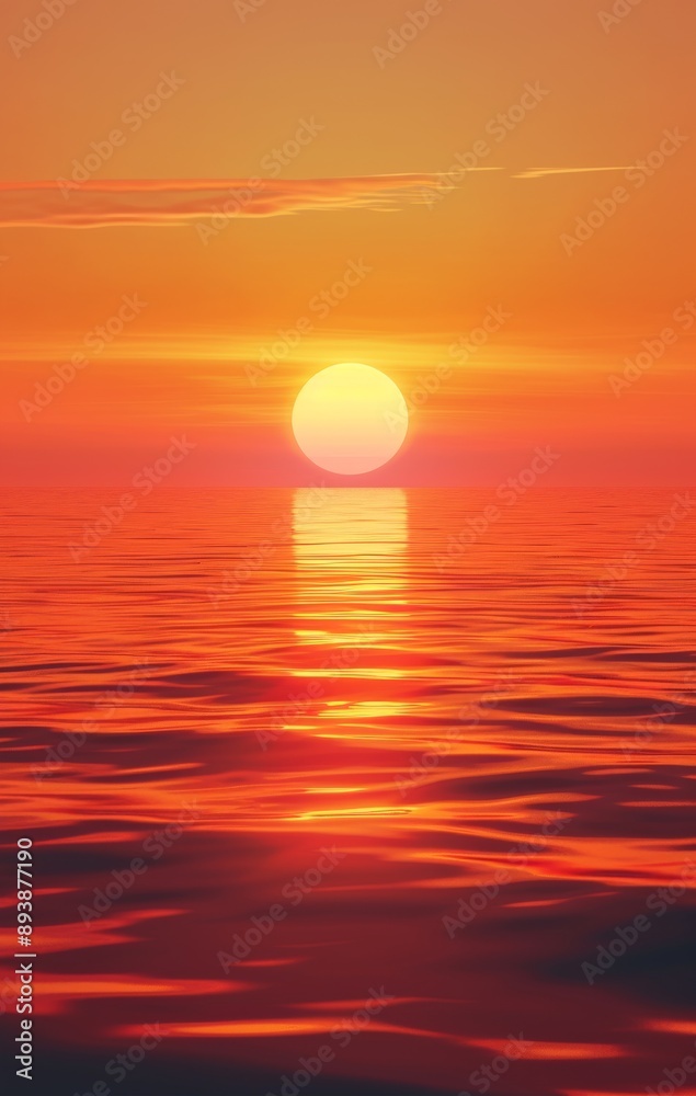 Obraz premium vast ocean, with the sunset setting in the west, an orange sky and red sun, over a calm sea surface