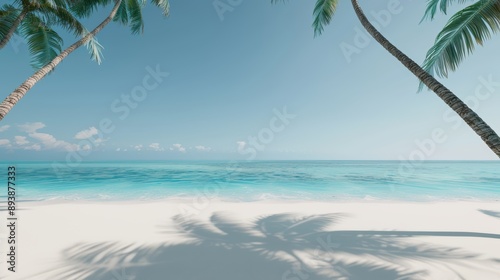 Fototapeta Naklejka Na Ścianę i Meble -  A peaceful beach with soft white sand, turquoise waters, and palm trees swaying in the breeze, high-resolution photo, realistic photo, cinematography, hyper realistic