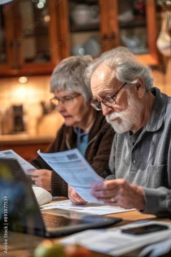 Older adults engaged in reading a newspaper together at home. Older adults engaged in reading a newspaper together at home.