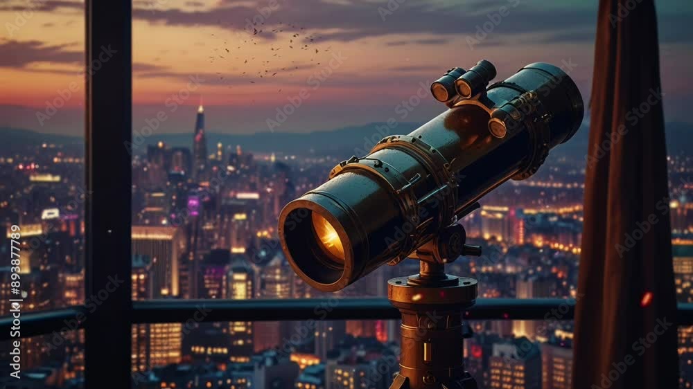 Golden ancient telescope with city background, 4k video animation seamless looping background Golden ancient telescope with city background, 4k video animation seamless looping background