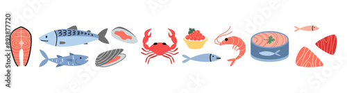 Seafood set. Marine animal like salmon, tuna, shrimp, crab and mussel. Fresh fish, canned food, meat and steaks. Trendy vector illustration isolated on white, hand drawn, flat design