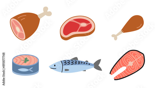 Various types of healthy protein, poultry, red meat and fish. Trendy modern vector illustration isolated on white background, hand drawn, flat design
