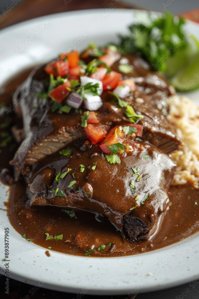 Appetizing Latin American-style beef steak served with creamy gravy, rice, and a garnish of fresh vegetables. Appetizing Latin American-style beef steak served with creamy gravy, rice, and a garnish of fresh vegetables.