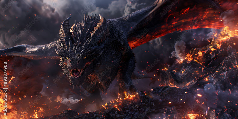 Big black dragon near the black castle wall, fire, top view, realism Big black dragon near the black castle wall, fire, top view, realism
