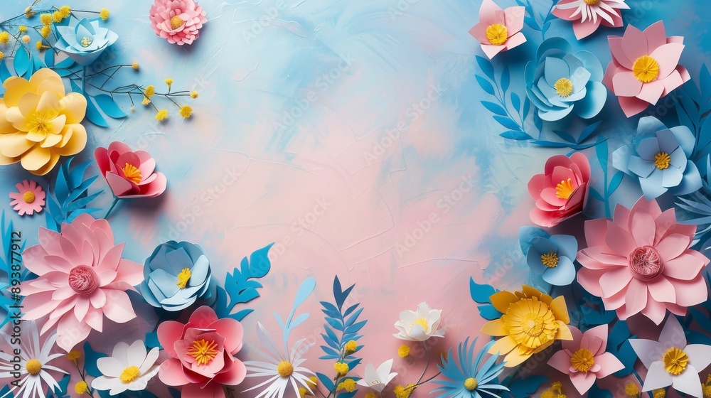 Paper flowers arranged around a pastel background to create a frame Paper flowers arranged around a pastel background to create a frame