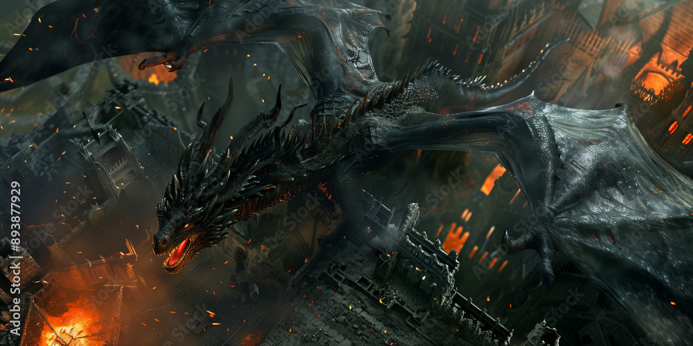 Big black dragon near the black castle wall, fire, top view, realism Big black dragon near the black castle wall, fire, top view, realism