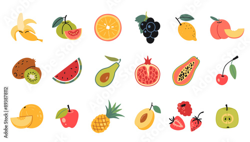 Fruits set. Healthy eating, fresh food, Natural tropical fruit. Trendy modern vector illustration isolated on white background, hand drawn, flat design