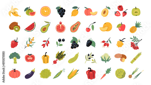 Fruits, vegetables and berries set. Healthy eating, fresh food. Trendy modern vector illustration isolated on white background, hand drawn, flat design