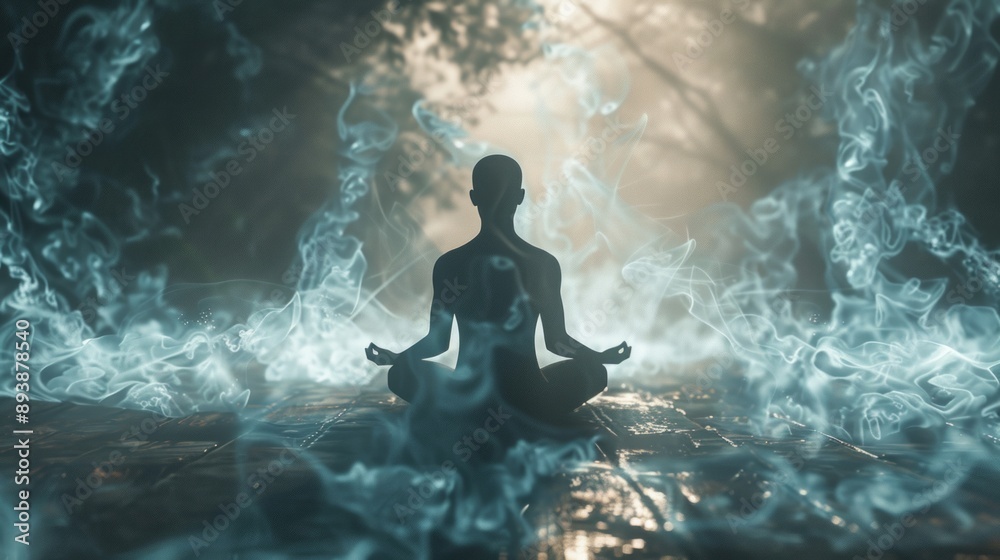 Silhouette of a person practicing yoga in a lotus pose, meditating on wooden floor in a mystical forest surrounded by smoke Silhouette of a person practicing yoga in a lotus pose, meditating on wooden floor in a mystical forest surrounded by smoke