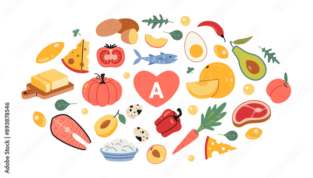 Set with Best sources of vitamin A foods. Fruits, vegetables, fish, meat, dairy products and eggs. Isolated vector illustration, hand drawn, flat design Set with Best sources of vitamin A foods. Fruits, vegetables, fish, meat, dairy products and eggs. Isolated vector illustration, hand drawn, flat design