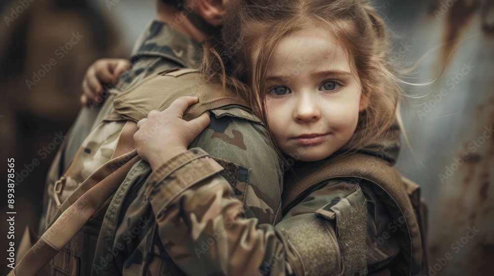 little girl hugging her soldier father who has just come home from the war little girl hugging her soldier father who has just come home from the war