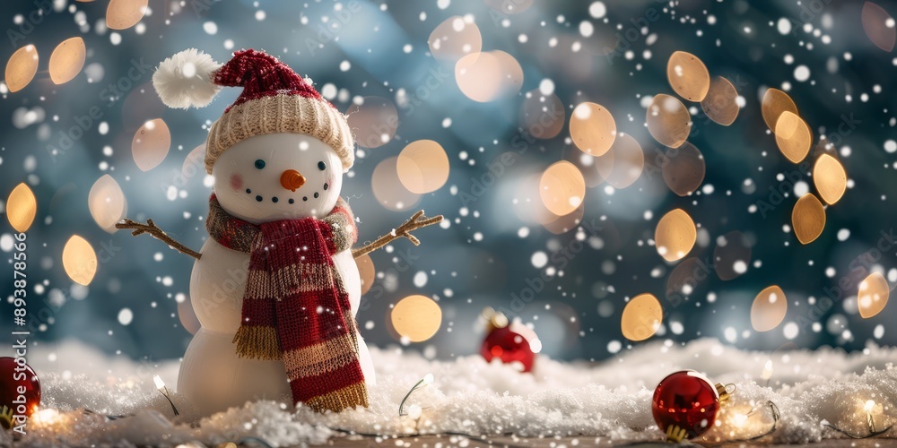Fototapeta premium Christmas background: Snowman with hat and scarf in winter. Christmas warm ambiance, xmas tree lights, bokeh background. Snow and ice season. Minimalist still life style. With copy space
