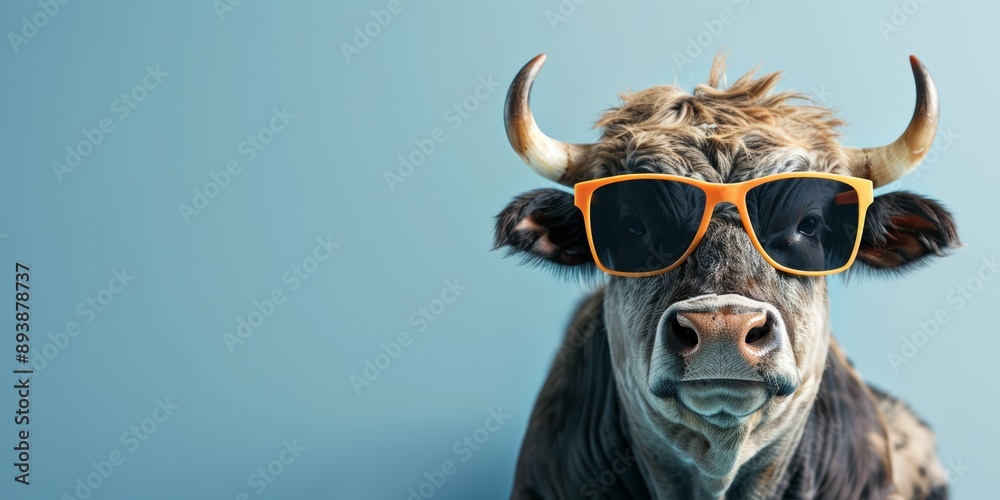 Naklejka premium cute bull with fashion sunglasses studio background shot, with copy space, premium stock
