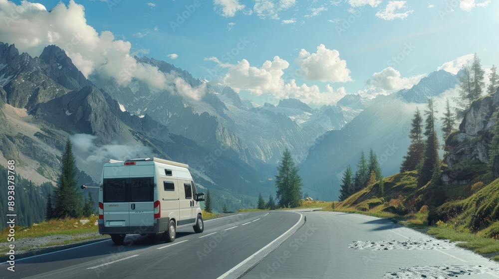 Outdoor Adventures with a Campervan on a road in mountains Outdoor Adventures with a Campervan on a road in mountains
