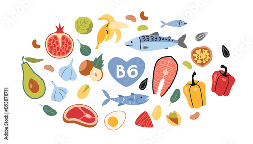 Best sources of vitamin B6 foods. Sea food, fish, meat, fruits, vegetables, nuts and eggs set. Isolated vector illustration, hand drawn, flat design
