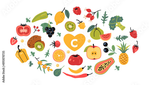 Set with Best sources of vitamin C foods. Fruits, vegetables and berries. Isolated vector illustration, hand drawn, flat design