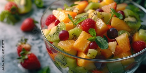 A large glass bowl filled with a colorful fruit salad, including strawberries, blueberries, and melons. The salad is garnished with fresh herbs, adding an aromatic touch to the vibrant mix.