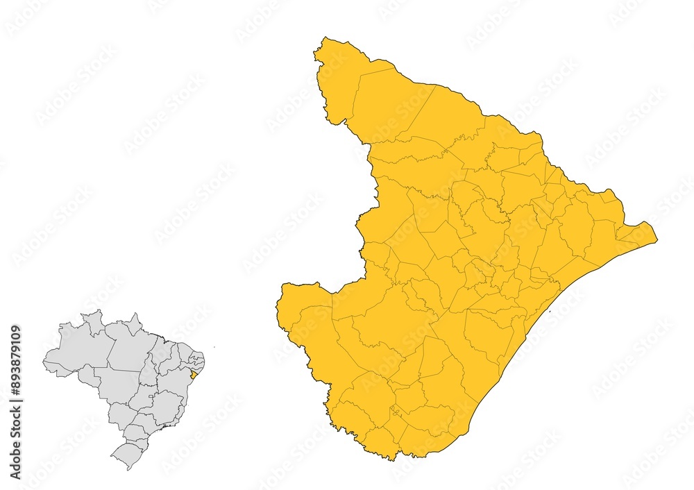 Mapa del estado de Sergipe con delimitaciones municipales en Brasil Mapa del estado de Sergipe con delimitaciones municipales en Brasil