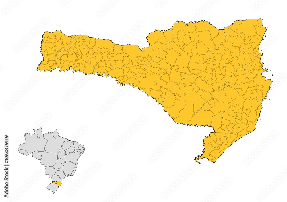 Mapa del estado de Santa Catarina con delimitaciones municipales en Brasil