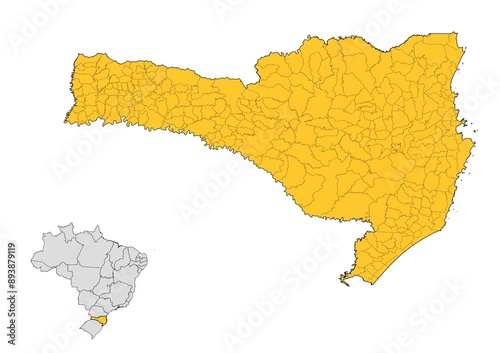 Obraz na płótnie Mapa del estado de Santa Catarina con delimitaciones municipales en Brasil w salonie