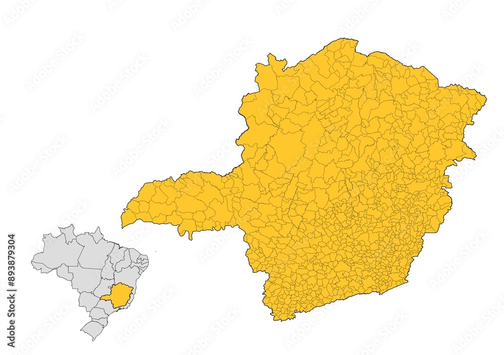 Mapa del estado de Minas Gerais con delimitaciones municipales en Brasil