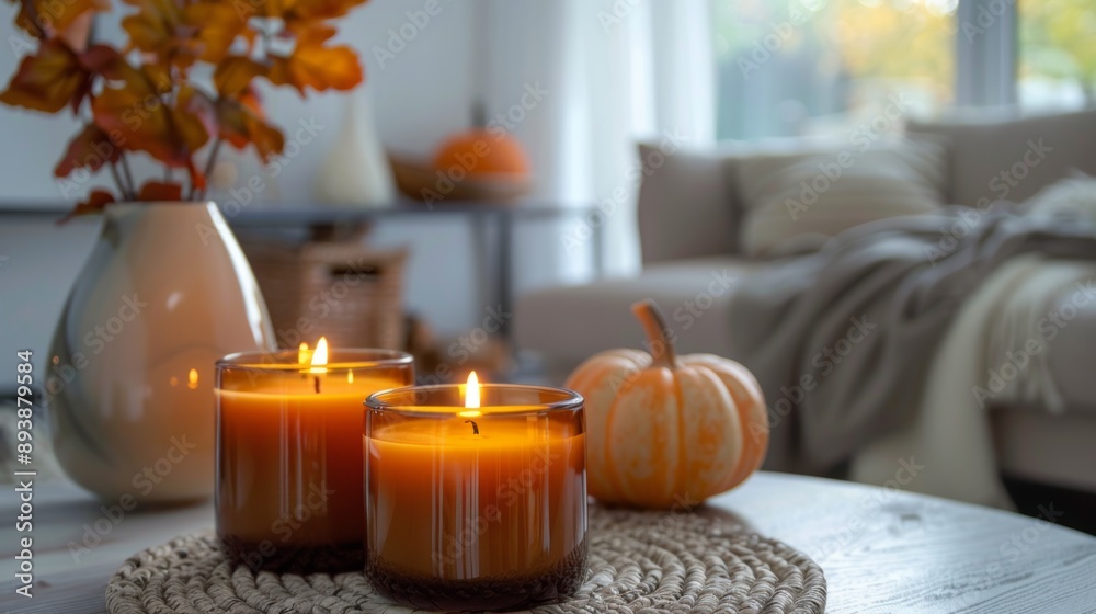 seasonal home fragrances, softly flickering aromatic candles on the table fill the room with the rich scents of apple spice and pumpkin, making it perfect for the autumn season seasonal home fragrances, softly flickering aromatic candles on the table fill the room with the rich scents of apple spice and pumpkin, making it perfect for the autumn season