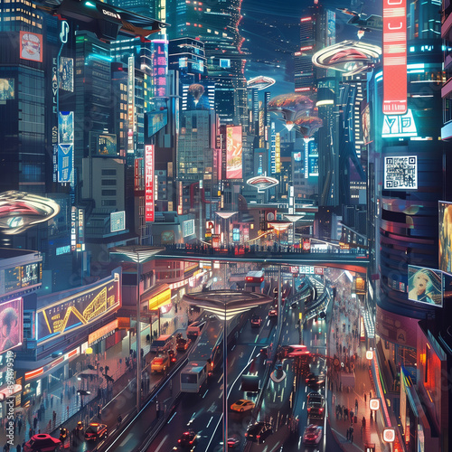 futuristic city, tall buildings, flying cars