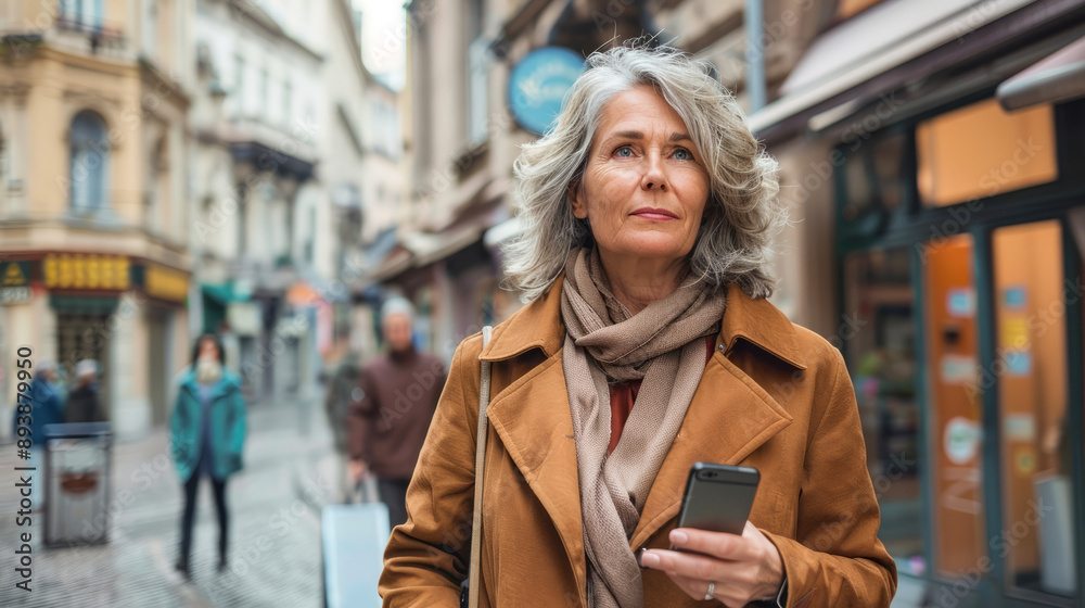 Fototapeta premium Confident mature woman with smartphone walking in European city street