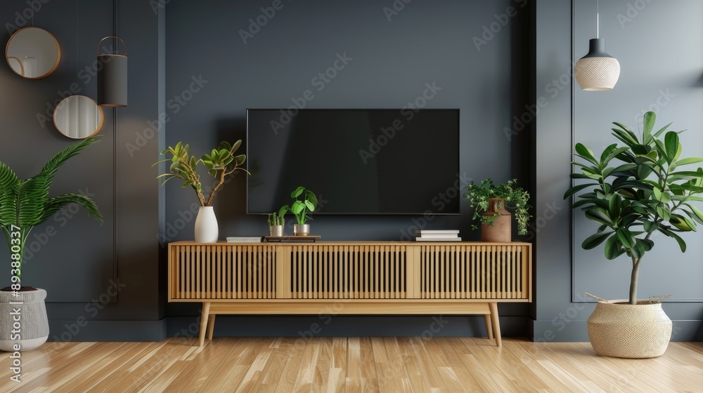Chic interior with contemporary TV, cabinet, and decor Chic interior with contemporary TV, cabinet, and decor