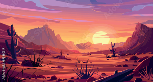 Sunset Desert Panoramic View with Mountains Cartoon Background Environment for Adventure Mobile Game Scenic Desert Landscape Vibrant Sunset Mountains Horizon Adventure Gaming Scene