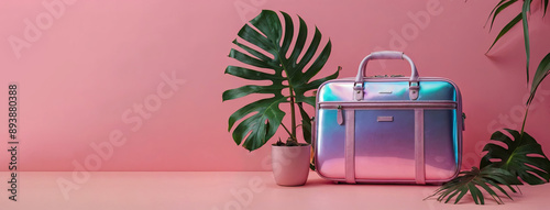 Mirrored suitcase sunglasses and palm leaf on a solid pink background