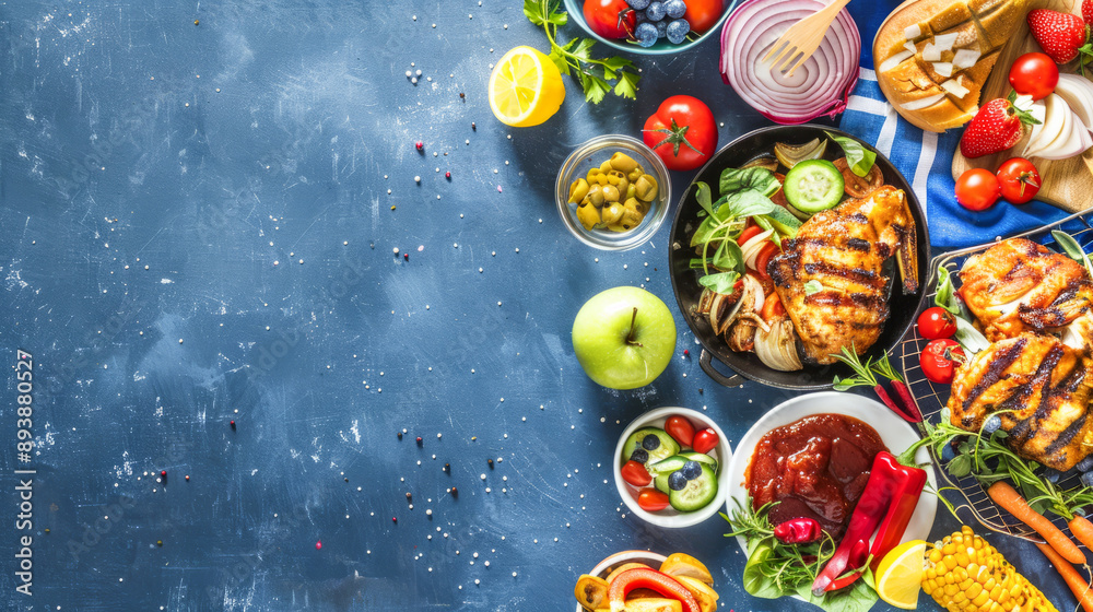 Fototapeta premium Fresh Mediterranean BBQ meal with grilled chicken and vegetables