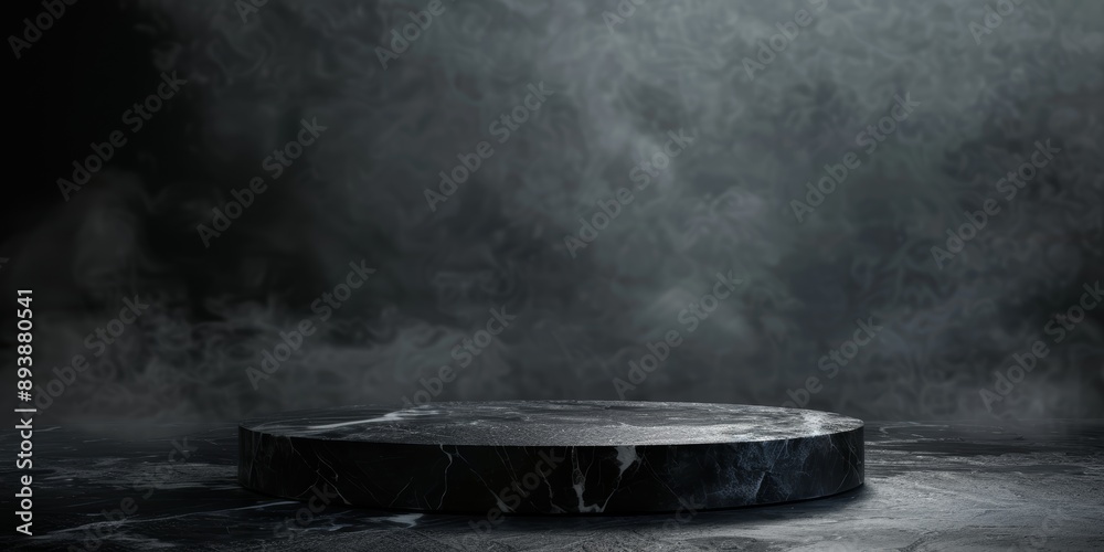 Empty black marble table podium with black stone floor in dark room with smoke Empty black marble table podium with black stone floor in dark room with smoke