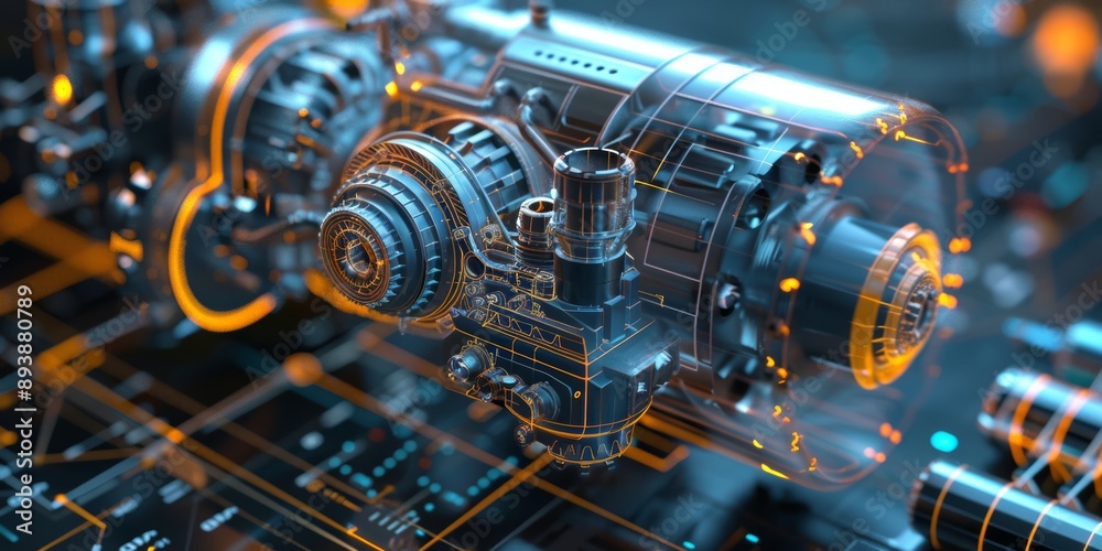 Engineering designer design 3D CAD software program Industrial engine model mechanical dimensional digital manufacturing factory engineer, realistic 3d render