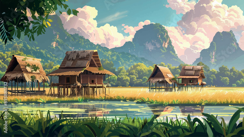 Thai Village Landscape with Huts on Stilts Cartoon Environment Adventure Mobile Game Traditional Architecture Tropical Setting Cultural Scene Colorful Illustration