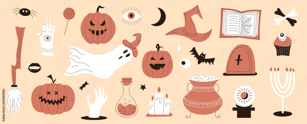 Set of Halloween scary elements. Pumpkin, cauldron, ghost, coffin, candles, eye. Flat vector illustration
