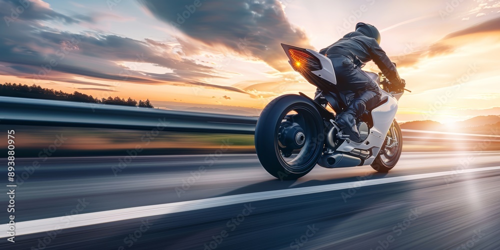 Fototapeta premium Futuristic motorbike speeding on the highway, with copy space
