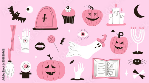 Set of Halloween scary elements. Pumpkin, cauldron, ghost, coffin, candles, eye. Flat vector illustration