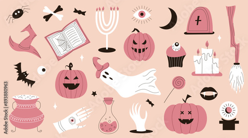 Set of Halloween scary elements. Pumpkin, cauldron, ghost, coffin, candles, eye. Flat vector illustration