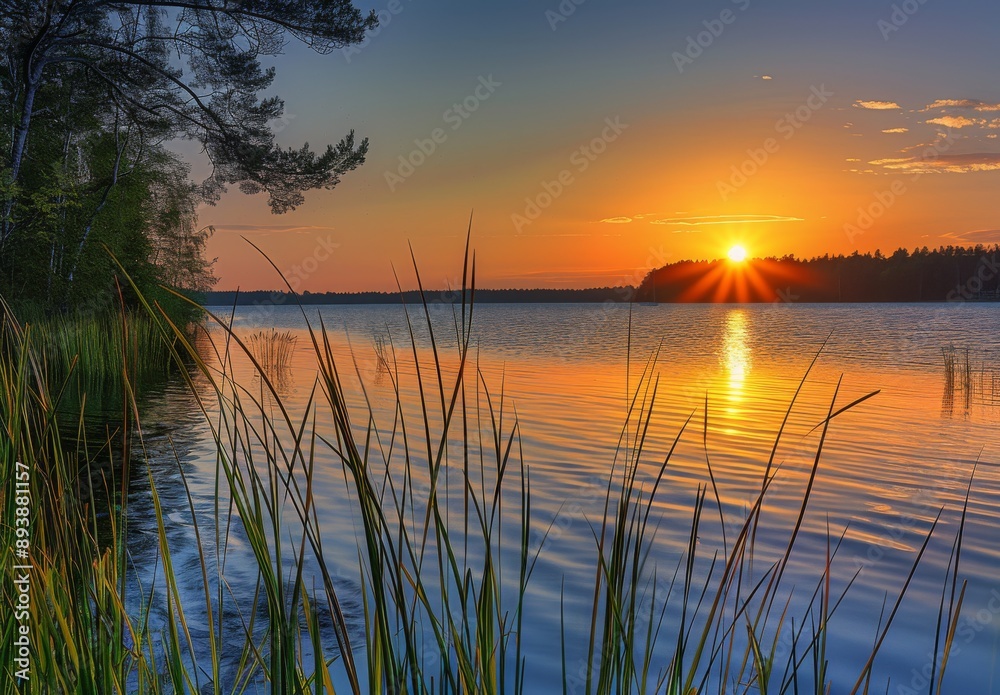 serene sunset over the Black Body. The lake reflects an orange and blue sky, with some clouds visible in the distance serene sunset over the Black Body. The lake reflects an orange and blue sky, with some clouds visible in the distance