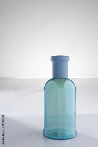 A bottle of perfume is placed on a smooth marble countertop, 3d render