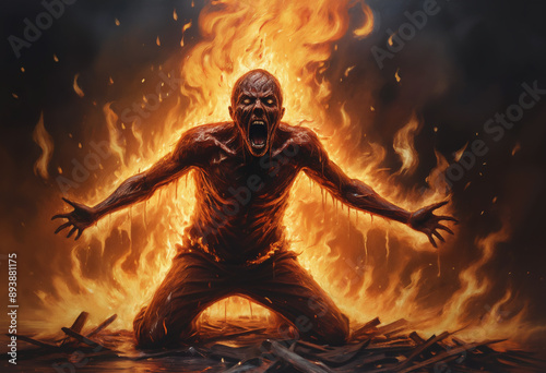 A person engulfed in flames screams in a scene of chaotic horror. Concept Horror, Flames, Screams, Chaos, Human Suffering, oil paint © Giuseppe Cammino